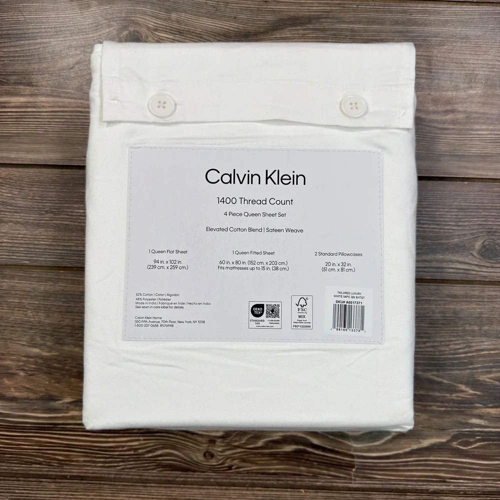 Calvin Klein Queen 4pc Sheet Set White 1400TC Cotton Blend Sateen New